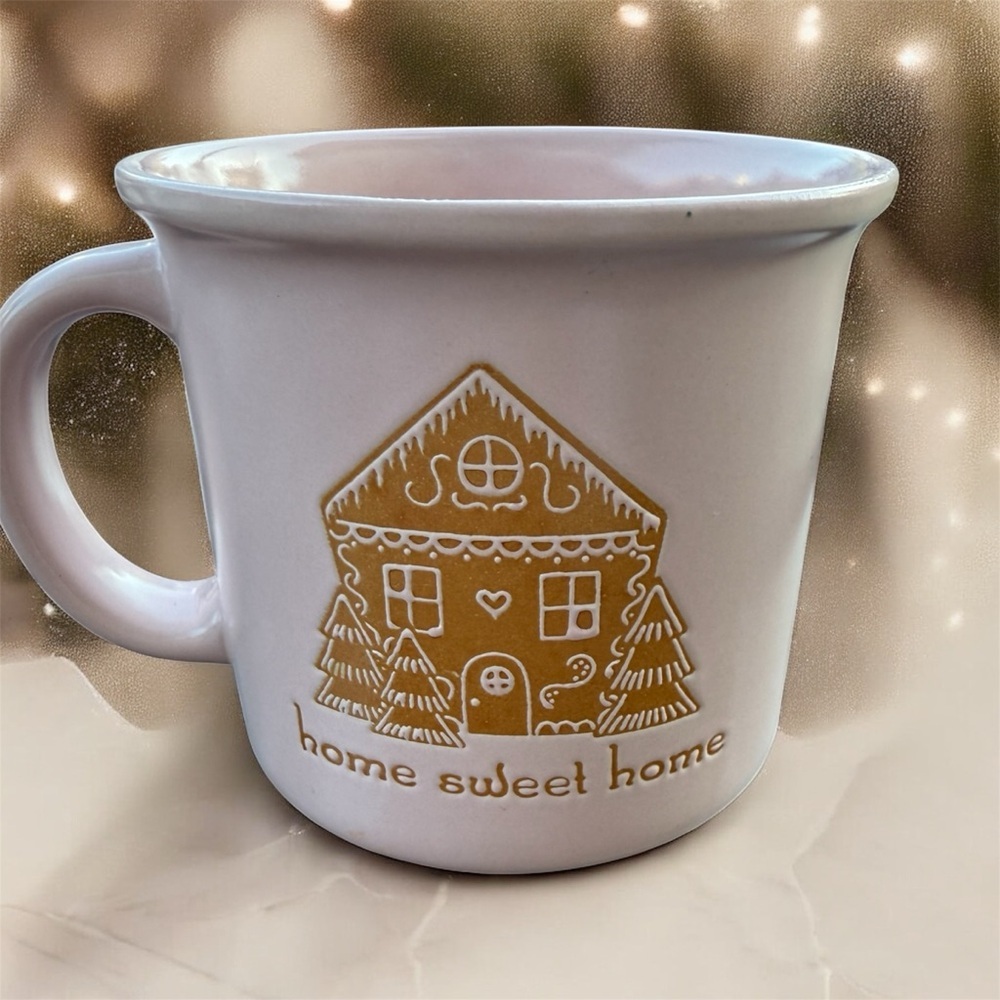 Pink Gingerbread House Mug "Home Sweet Home" Holiday Coffee Cup